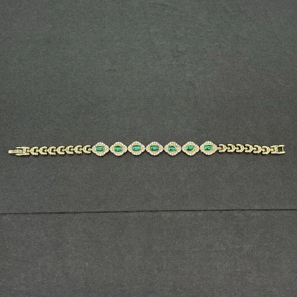 Gold Tone Clover Watch Bracelet Set 2 Pc Faux Emerald Jade Green Rhinestone NEW